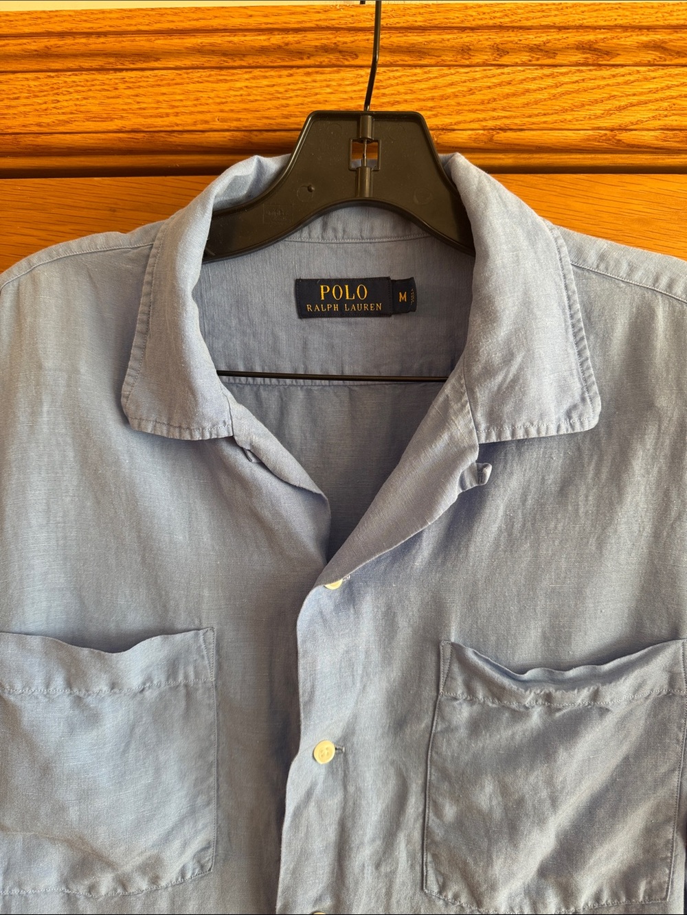 Polo Ralph Lauren Camp Shirt Men M Linen Silk Blue Short Sleeve Pink Pony Logo - Picture 2 of 7